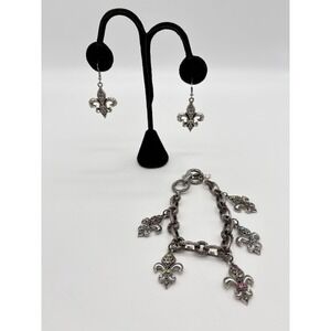 Flour-de-Lis Charm Bracelet Silver Tone Rhinestone Accents With Matching Earring